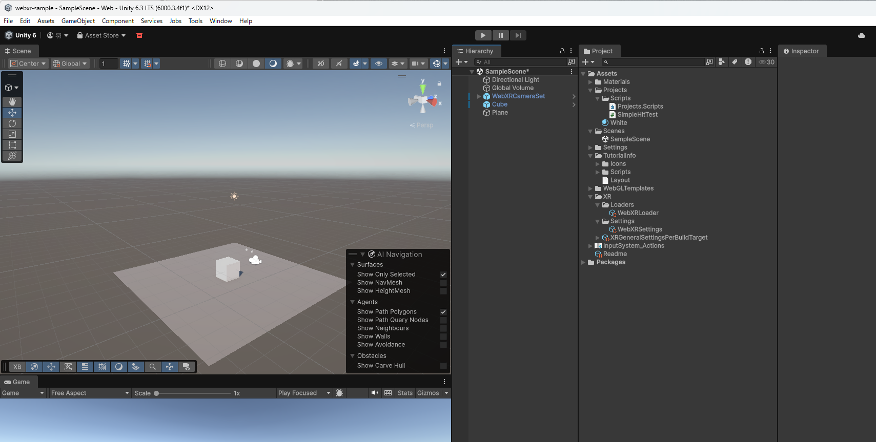Unity Hierarchy - WebXRCameraSetプレハブとCubeを配置したシーン構成