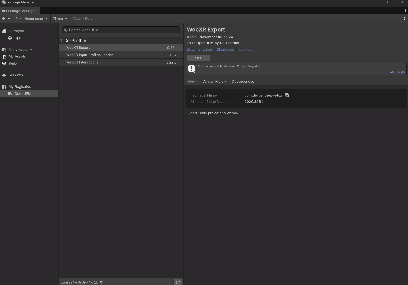Unity Package Manager - OpenUPMからWebXR ExportとWebXR Interactionsをインストール