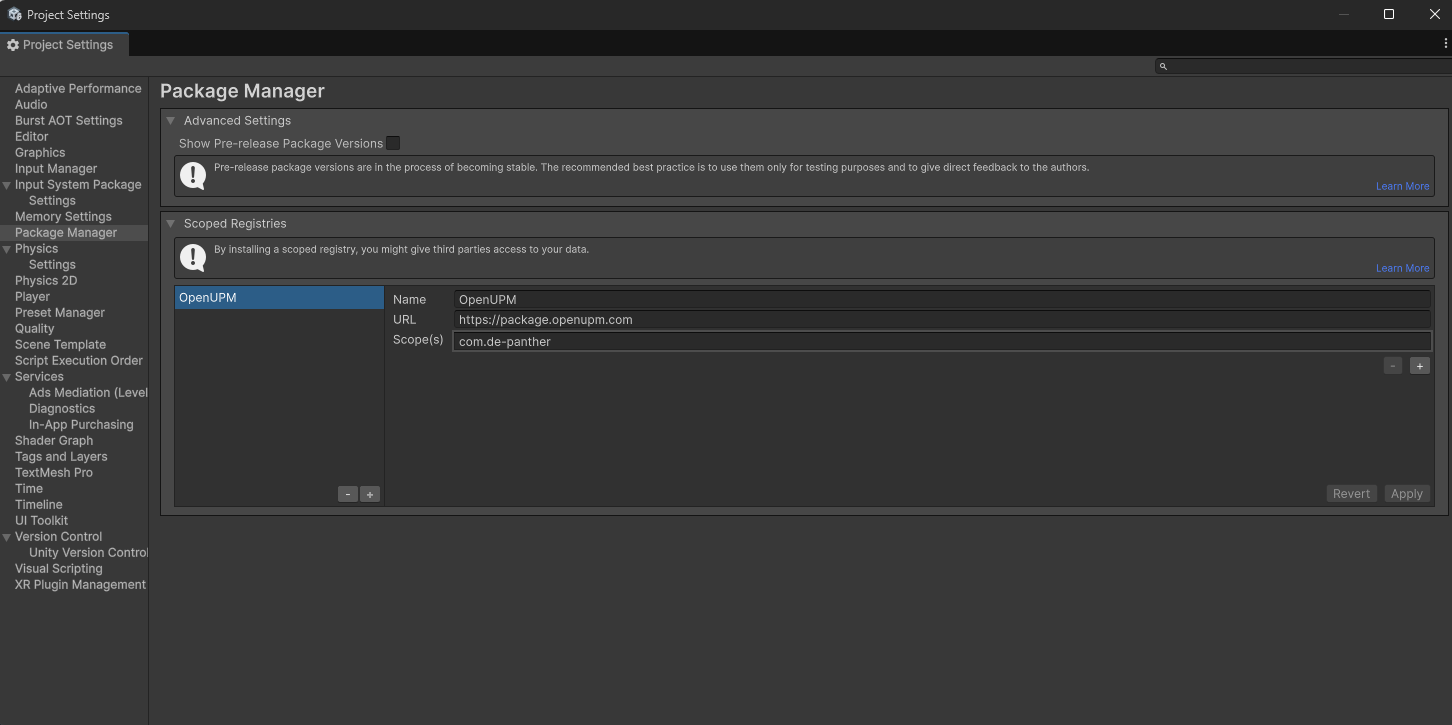 Unity Project Settings - Package Managerの設定画面でOpenUPMのスコープを追加