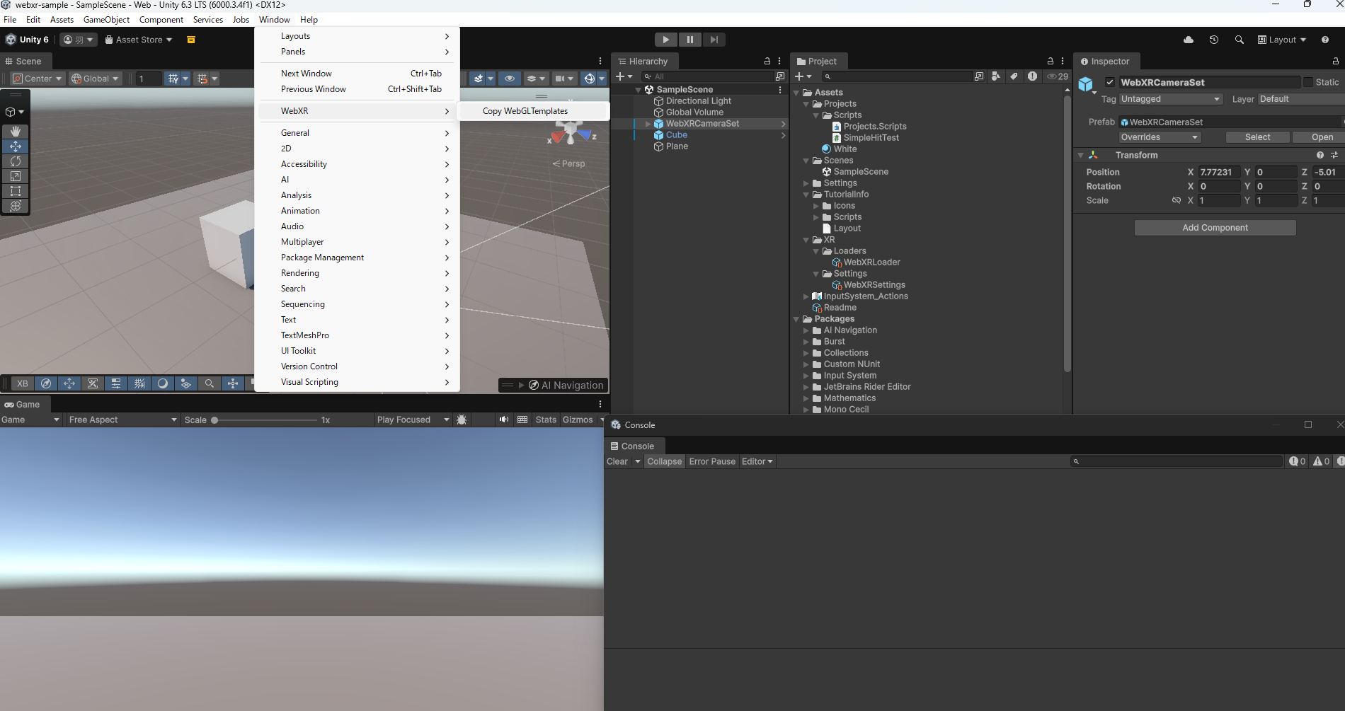 Unity Window メニュー - WebXR > Copy WebGLTemplatesを実行